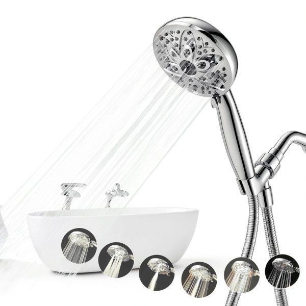 Shower Head 6 Setting Handheld by JDO Chrome 4.7in 59in Hose-1